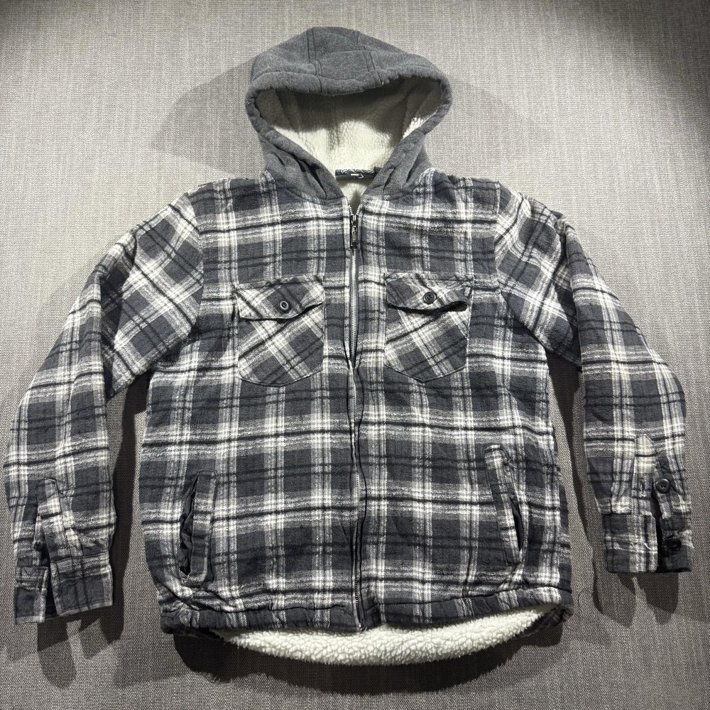 Southpole Jacket Youth Medium Gray Plaid Hooded Flannel Sherpa Lined Winter